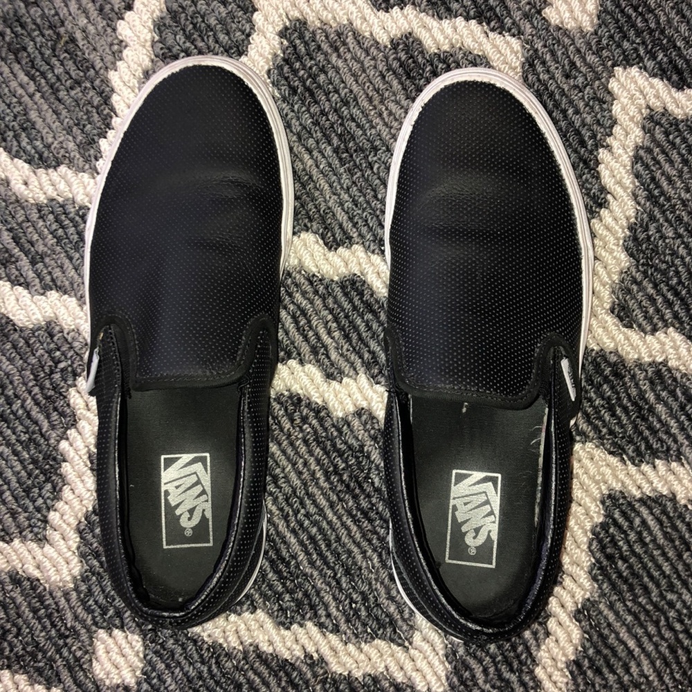 Black Leather Vans slip ons